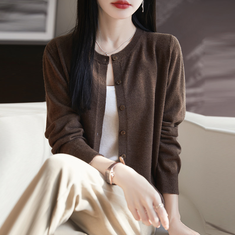精纺100%丝光纯羊毛开衫女宽松基础款百搭毛衣外套针织衫上衣外搭
