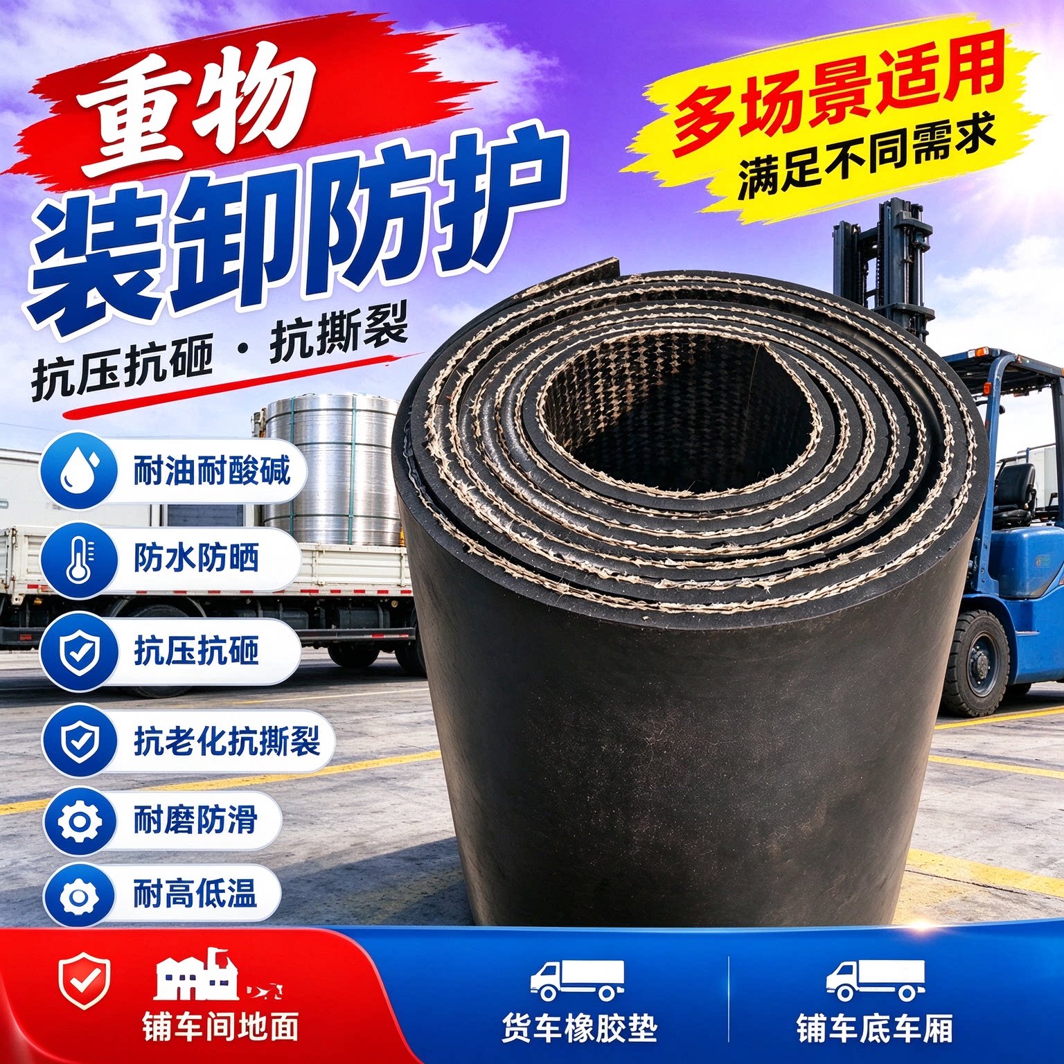 输送带橡胶垫货车车厢铺车底减震防砸加厚防滑耐磨底板专用地垫子