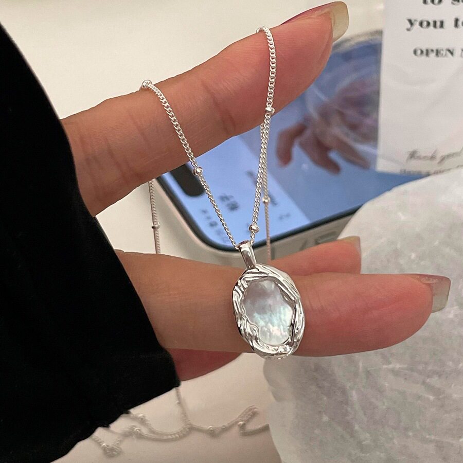 天然贝母幻彩光感S925纯银椭圆贝壳项链小众设计简约锁骨链ins风