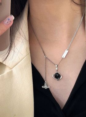 原创设计s925纯银太空星球黑色项链轻奢小众高级简约百搭锁骨链女