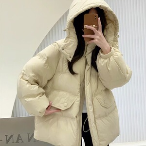 鹅绒服外套2024新款冬装韩版连帽收腰羽绒服女中长款休闲宽松加厚