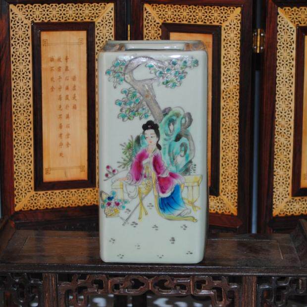 景德镇陶瓷器厂瓷厂货仿古瓷人物四方笔筒家居饰品桌面摆件装饰