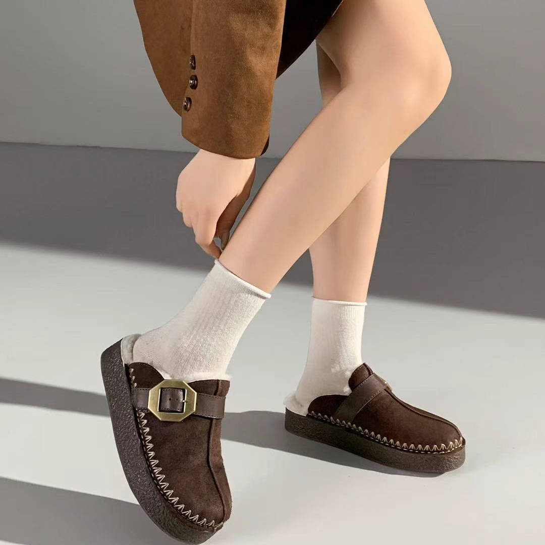 复古风加绒勃肯鞋女包头半拖鞋一脚蹬懒人穆勒鞋平跟毛毛一脚蹬鞋