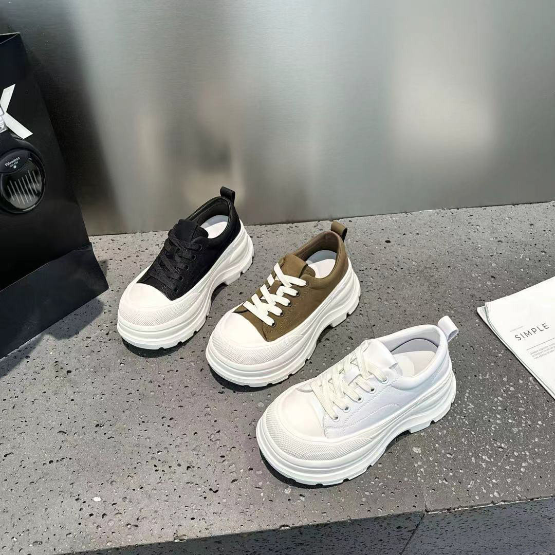 韩版厚底松糕女交叉绑带系带增高小个子休闲运动鞋真皮小白鞋牛皮