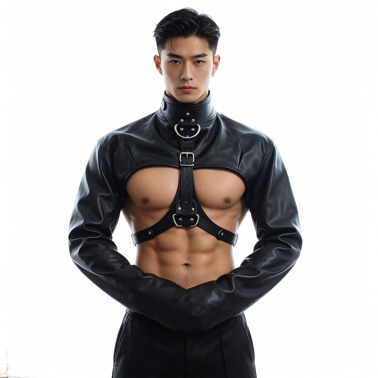 禁欲系露胸皮革马甲两件套 机能风高领锁袖束缚衣 男士夜店舞台装