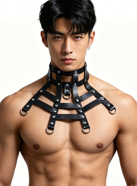 暗黑朋克男士皮革胸带颈圈束缚