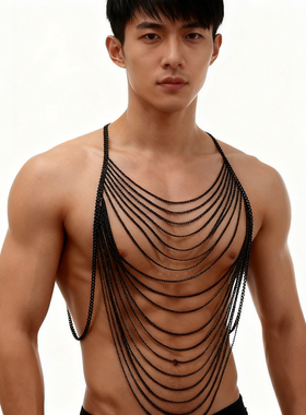 夜店GOGOBOY舞台演出项链 奢华贵气黑流苏拍照造型披肩身体链项圈