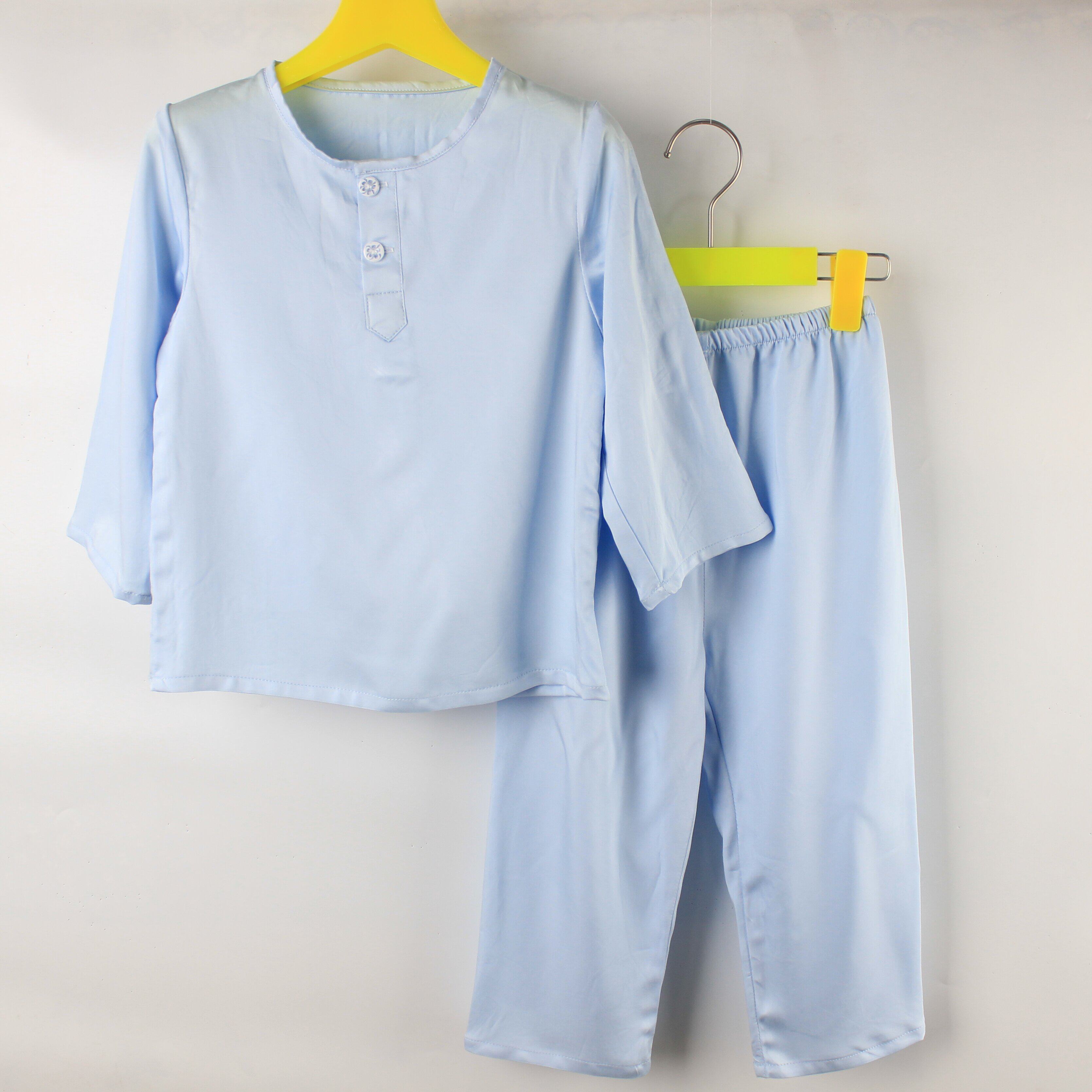 儿童绵绸睡衣60支真丝棉绸家居服纯色人造棉套装夏季空调服裁缝