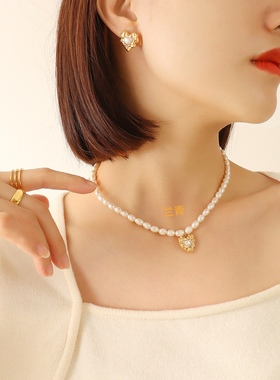 不过敏不掉色气质轻奢小众复古花朵心形名媛天然淡水珍珠项链耳环