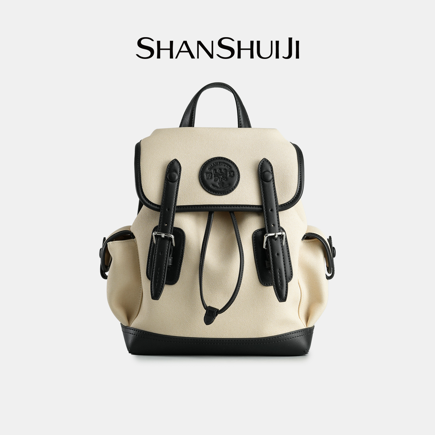 山水集新款背包女双肩抽绳小众高级帆布包质感轻便书包通勤双肩包