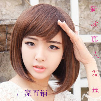 真人发丝短发套梨花头蓬松中长发型女全手工 假发套齐肩学生发型
