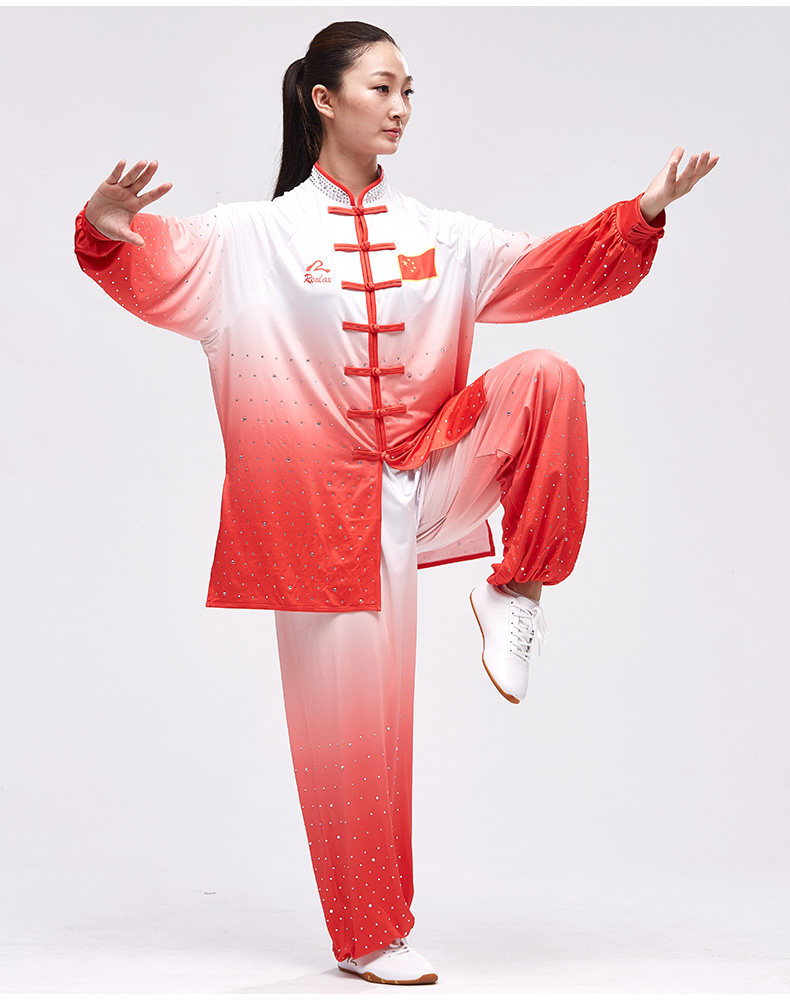 运丰太极服牛奶丝练功服渐变镶钻国旗表演服气功服套头武术服