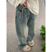 刺绣牛仔裤 子 梨形身材裤 女秋冬新款 胖妹妹mm高腰宽松显瘦直筒长裤