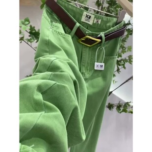 绿色高腰阔腿牛仔裤女2026年春季新款牛油果多巴胺直筒宽松长裤子