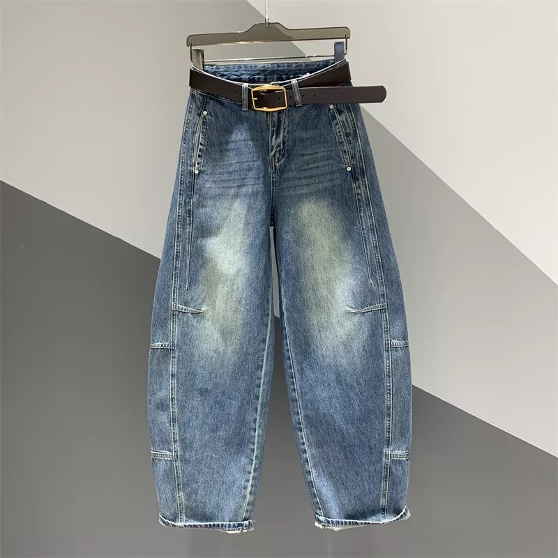 大码弯刀裤女款2025新款阔腿牛仔裤小个子高腰宽松胖mm香蕉镰刀裤