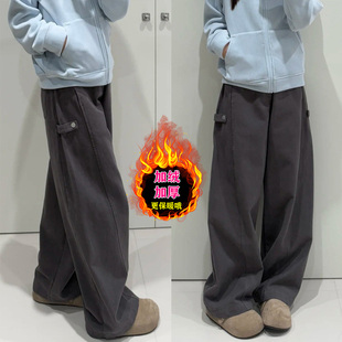 加绒弯刀裤女2026新款阔腿工装裤大码胖mm显瘦灰色裤子梨形报恩裤