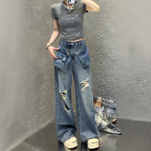 夏季大码破洞阔腿显瘦牛仔裤女