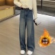 复古阔腿牛仔裤 女2025冬季 新款 大码 胖mm宽松加绒高腰显瘦弯刀裤 子
