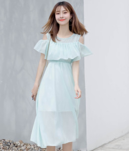 KM19213#夏季韩版女装雪纺连衣裙长裙甜美仙女中长款露肩裙子