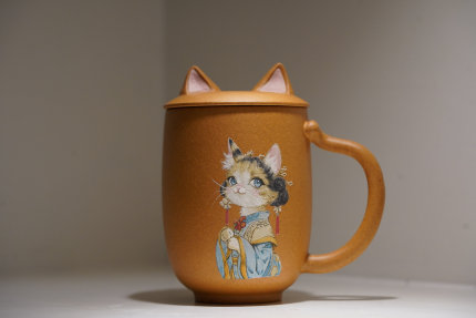 蜜糖紫砂｜女士茶器黄金段泥绘猫咪布偶盖杯大容量茶具（可定制）