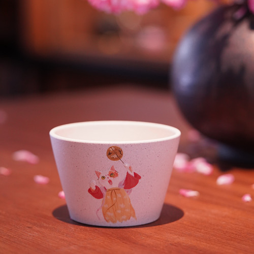 蜜糖紫砂｜原矿白玉段猪口咖啡杯 纯手工泥绘瓜几拉猫咪 280ml