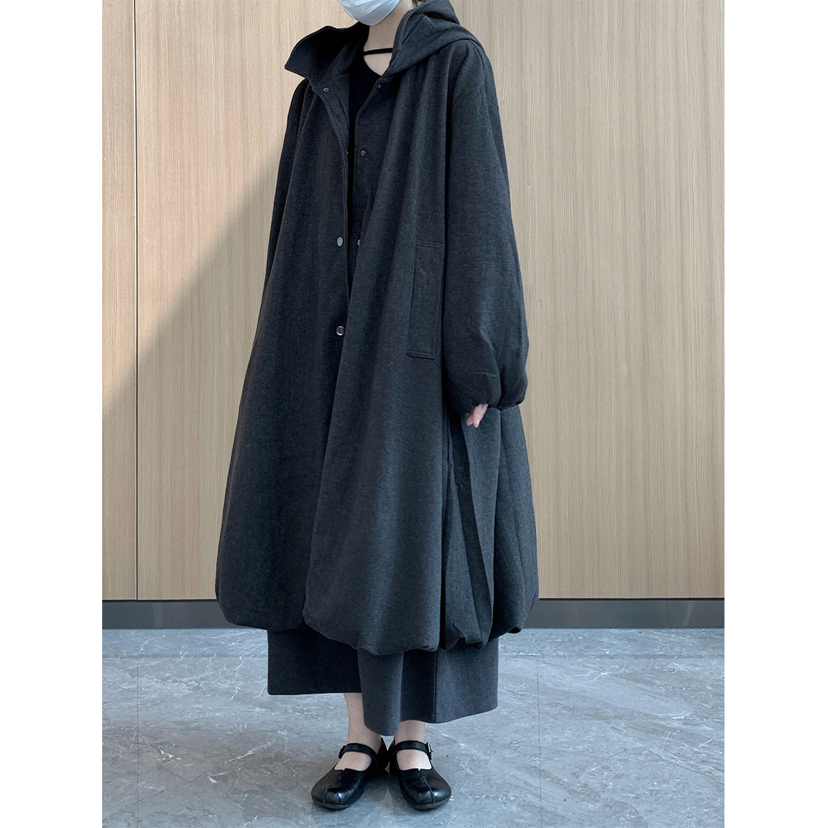 threepound/厚实连帽宽松大衣外套风衣设计感暗黑长款加厚棉袄袍