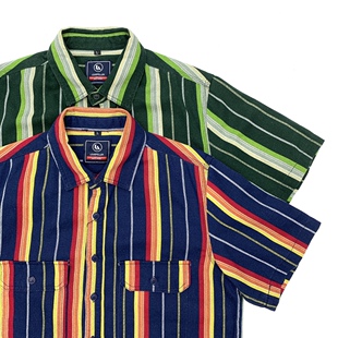 全棉宽松古着阿美咔叽短衬衣 男日系夏季 vintage复古条纹短袖 衬衫