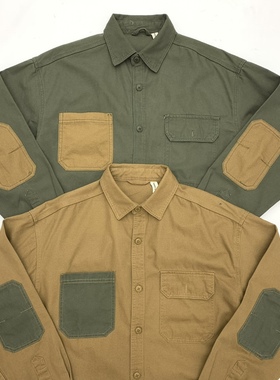 重磅帆布长袖衬衫全棉美式工装复古拼色大码秋冬拼接军绿色上衣男