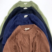 全棉毛衣男圆领套头粗针麻花打底毛衫 日系复古宽松港风纽花毛线衣