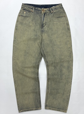 洗白牛仔裤男阿美咔叽宽松直筒拖地裤重水洗水泥黄色阔腿老爹裤女