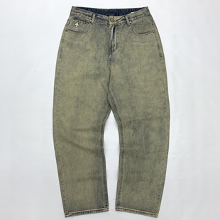 女 重水洗水泥黄色阔腿老爹裤 洗白牛仔裤 男阿美咔叽宽松直筒拖地裤