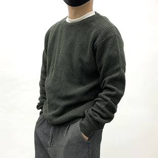 深绿重磅粗针毛衣男阿美咔叽圆领套头全棉毛衫 日系复古宽松毛线衣