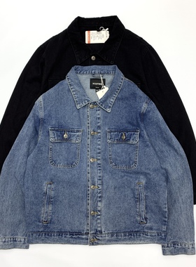 水洗牛仔夹克男日系复古牛仔衣街头机车黑色蓝色宽松大码情侣外套