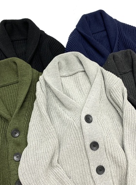 欧美简约翻领毛衣开衫男英伦风厚实重磅秋冬休闲灰色针织外套女