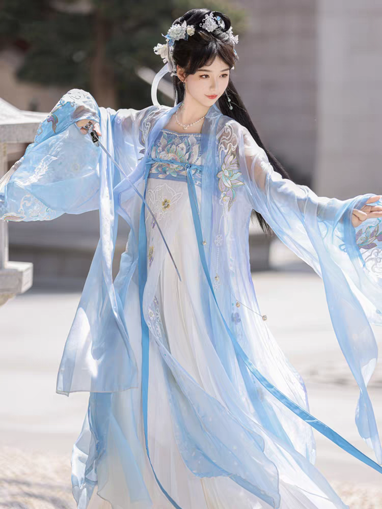 原创汉服女唐制诃子裙齐胸一片式刺绣大袖衫中国风仙气夏季套装