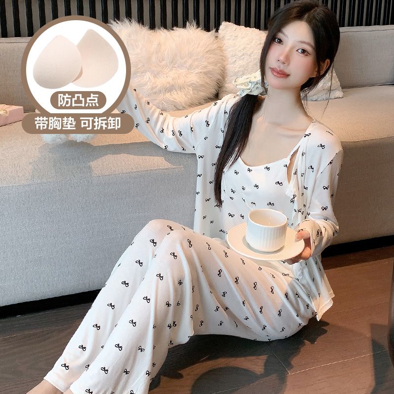 睡衣女秋季新款甜美ins风吊带长袖长裤三件套学生宿舍家居服胸垫