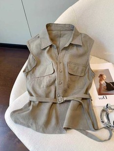 女士衬衣职业装 南油女装 女2025夏新款 polo领棉麻无袖 收腰上衣 衬衫