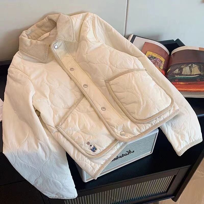 学院风棉袄撞色小熊翻领学生棉服外套女秋冬新款韩版宽松保暖棉衣