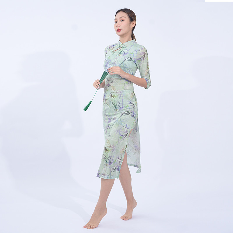 2024夏季网纱古典舞服中袖新中式盘扣领口 表演舞服舞团广场舞服