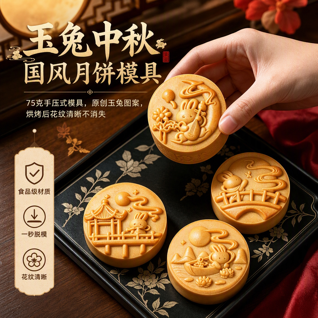广式2026月饼模具新款玉兔手压式家用食品级按压冰皮做绿豆糕磨具