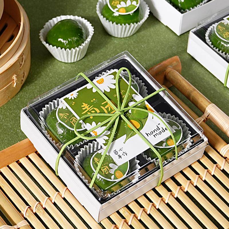 青团包装盒贴纸透明四拼蛋糕盒子清明果雪媚娘4打包礼盒分装烘焙