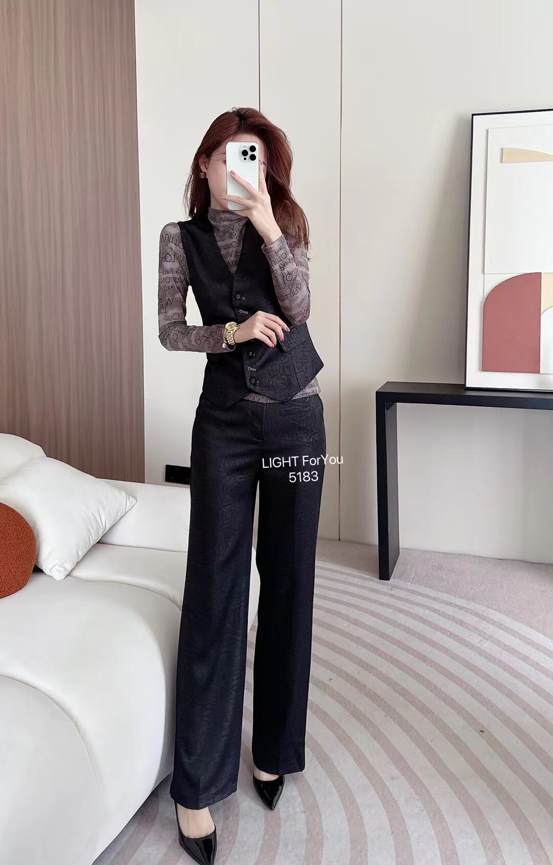 五彩蝶时尚套装高级感欧货淑女名媛气质马甲+打底衫+直筒裤三件套