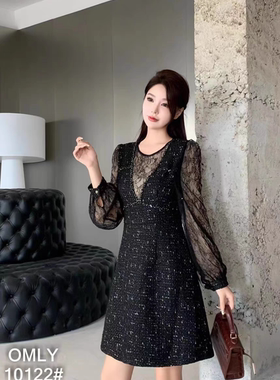 欧货秋冬小香风连衣裙拼接镶钻淑女减龄名媛欧韩包臀裙气质显瘦