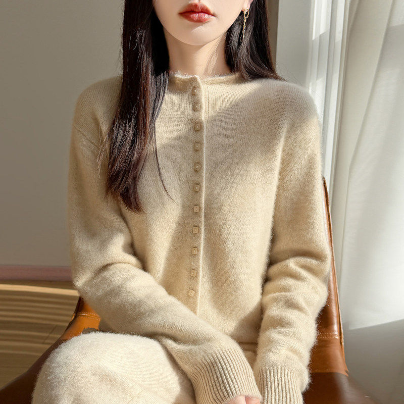 加厚100%纯羊毛开衫女半高领卷边单排扣休闲宽松简约羊绒针织打底