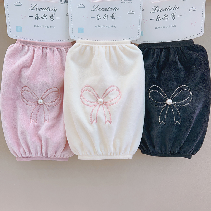 短款棉衣袖套防脏袖头女冬季毛绒蝴蝶结学生护袖成人工作手袖套袖