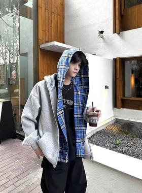 美式秋冬cleanfit灰色重磅连帽卫衣男基础款纯色休闲复古叠穿外套