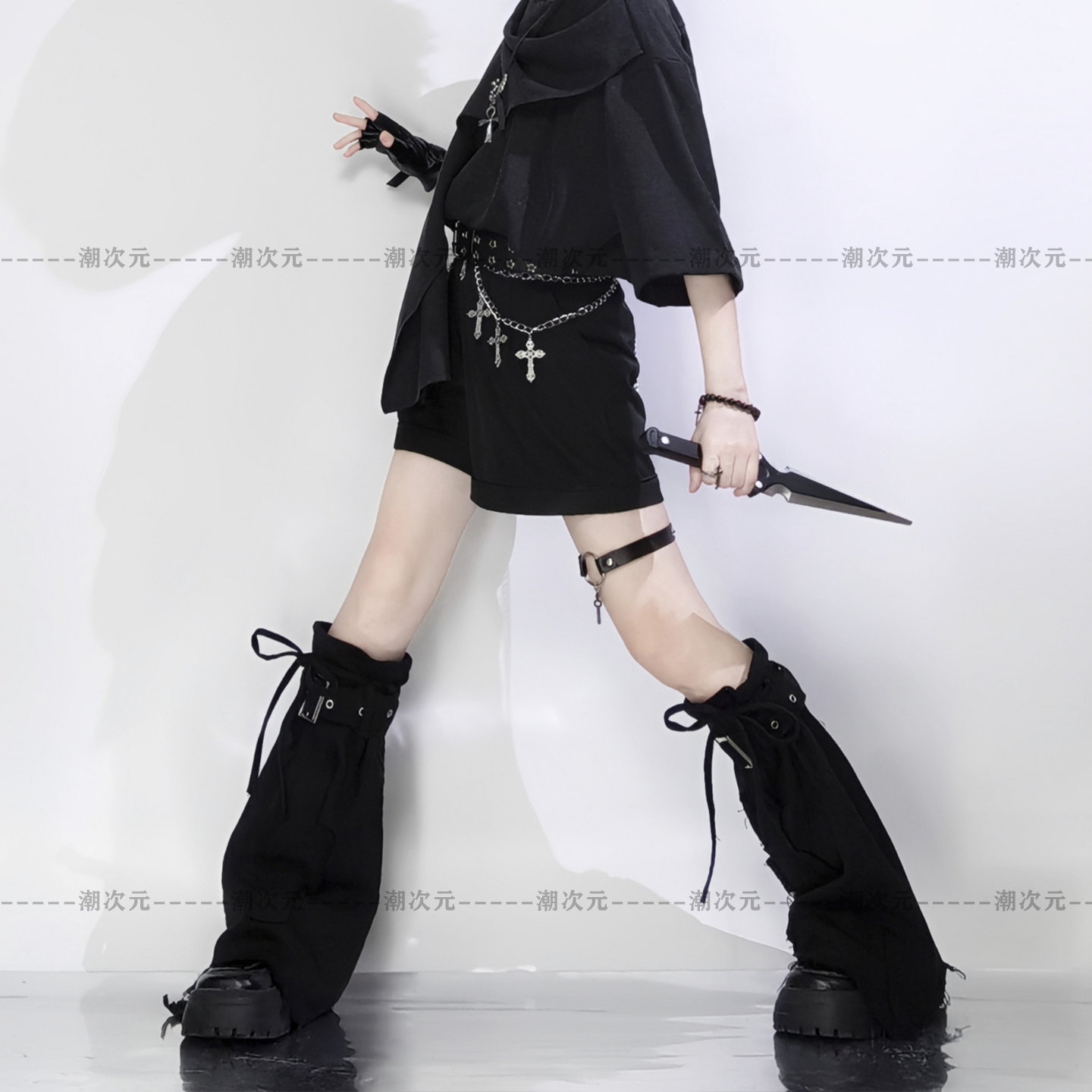 个性暗黑y2k袜套牛仔抽绳性感辣妹cos亚文化腿套喇叭瘦腿袜jk春秋