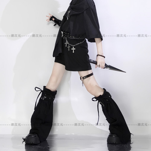 个性暗黑y2k袜套牛仔抽绳性感辣妹cos亚文化腿套喇叭瘦腿袜jk春秋