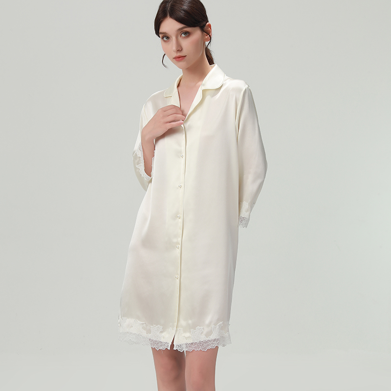 2025新款夏季真丝睡衣女士衬衫宽松性感桑蚕丝睡裙蕾丝家居服高级