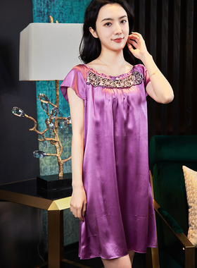100%桑蚕丝杭州丝绸真丝睡裙宽松加大码性感睡衣宽松家居服紫色女